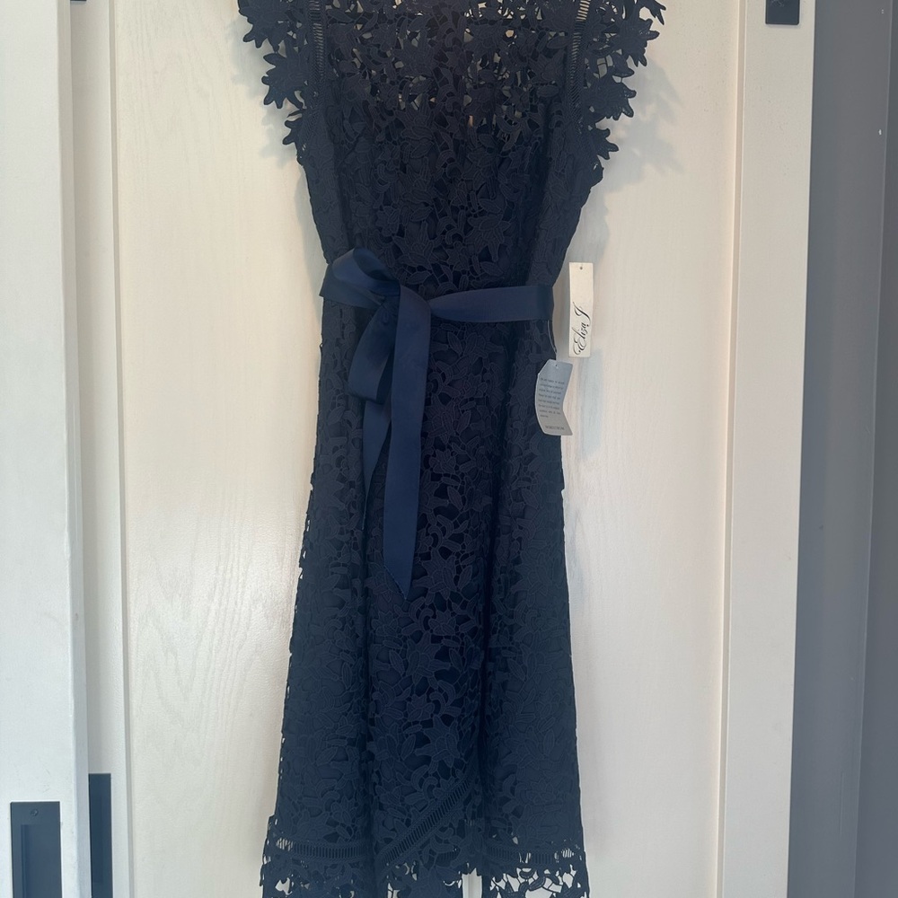 Eliza J Navy Asymmetrical Lace Dress